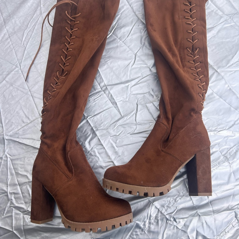 Top Moda Over the Knee Boots Brown Suede Lace Up Chunky Heel Size 7.5